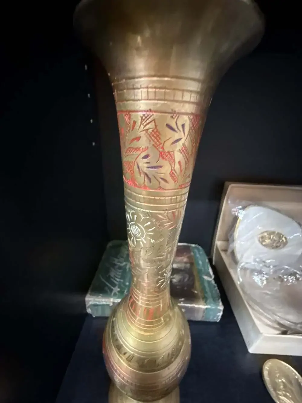 Vintage Hand-Etched Brass Vase with Red Enamel Floral Detailing